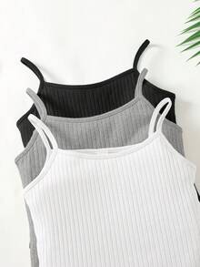SHEIN 3pcs Tween Girls' Solid Color Knit Camisole Sports Streetwear Set - Multicolor - View 4