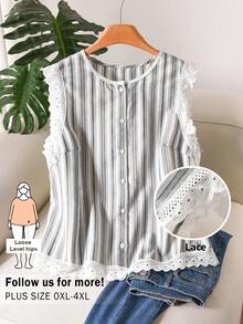 CosyJoli Áo vest kẻ sọc cỡ lớn dành cho nữ, áo sơ mi nữ kiểu dáng thường ngày với họa tiết hoa. - Xám - Xem 6