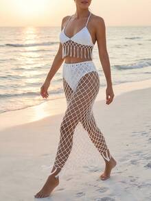 Anewsta Luxury Resort Style Handmade Crochet Halter Fringed Triangle Bra Top & Openwork Split Leg Cover Up Pants - White - View 5