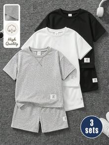 SHEIN Genkimix Kids 6件套儿童休闲简约圆领T恤短裤套装，夏季运动服，3种颜色（灰色、黑色、白色） - 彩色 - 查看 5