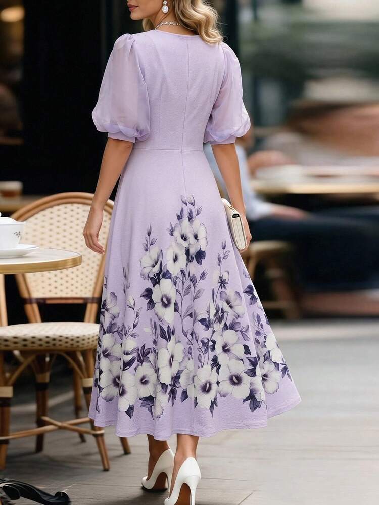 V-Neck Floral Print Casual Dress For Middle-Aged & Elderly Women, Suitable For Gatherings And Outings