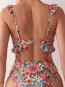 Bonvoyette Traje de baño de una pieza con cuello en V profundo, volantes en la espalda y tirantes ajustables, con estampado floral colorido y aleatorio para mujeres, Primavera/Verano 2026 - Multicolor - Ver 2