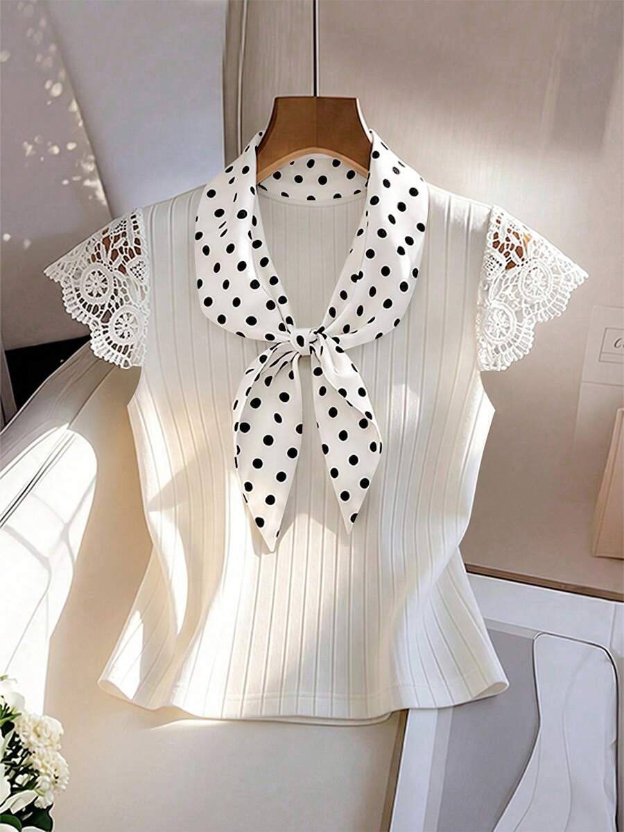 GlowEve CURVE Plus Size Versatile Textured Fabric Lace White Collar Patchwork T-Shirt Date Night Summer Elegant - White - View 1