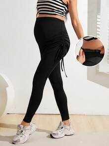 SHEIN Calça Casual Ajustável na Cintura 2 em 1 com Bainha com Cordão, Conjunto Esportivo para Gestantes - Preto - Visão 4