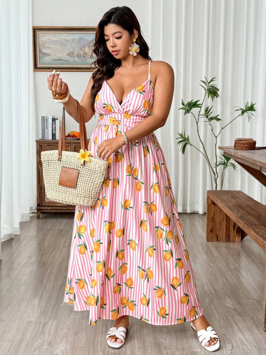 Weeklong Plus Size Spaghetti Strap Deep V Tropical Lemon Striped Summer Print Vacation Date Romantic Floral Maxi Backless Dress - Pink - View 1