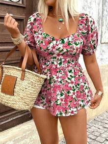 Breezaya Plus Size Women Floral Print Casual Vacation Date Romantic Suitable For Spring/Summer Daily Fashionable Versatile Blouse - Multicolor - View 4