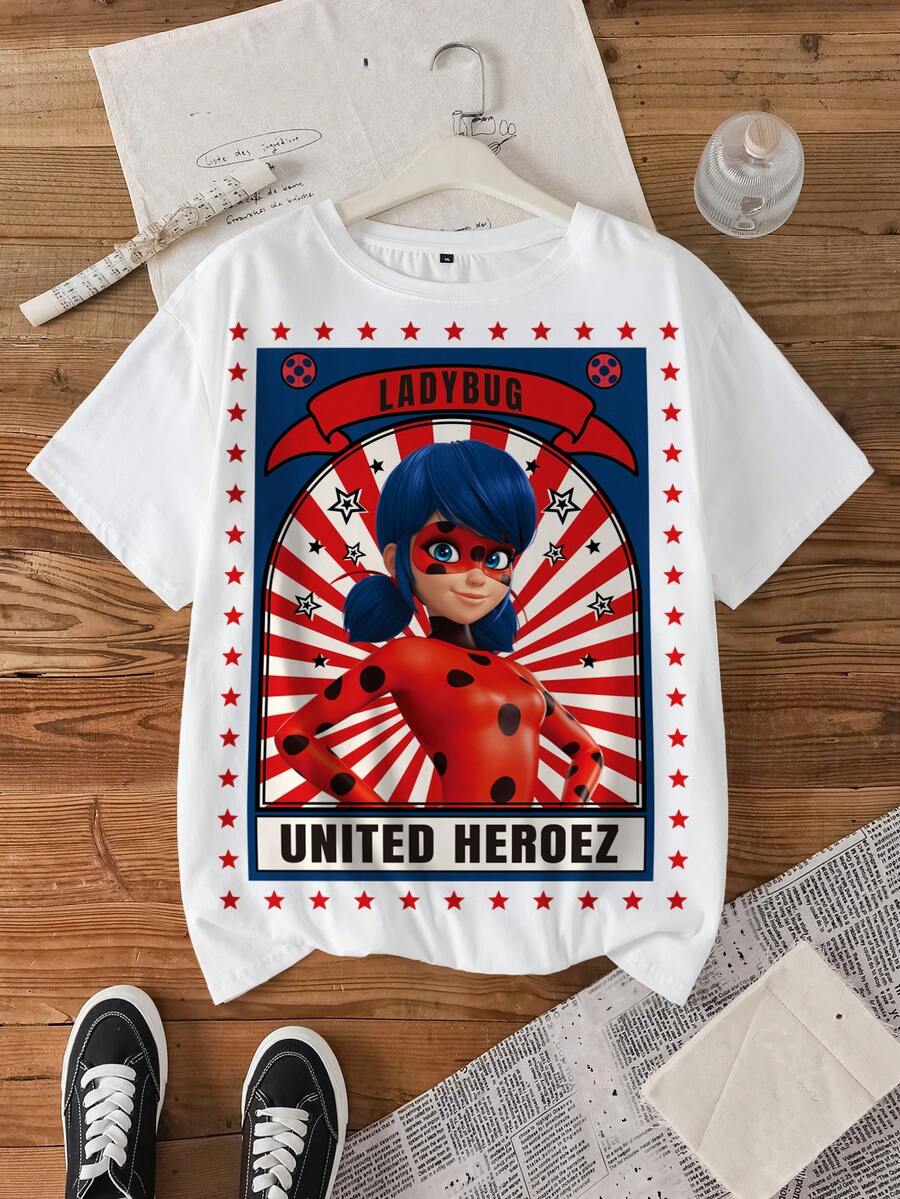 Miraculous Ladybug X SHEIN Camiseta de manga corta con cuello redondo, estampado de personaje de dibujos animados a rayas y color de contraste - Blanco - Ver 1