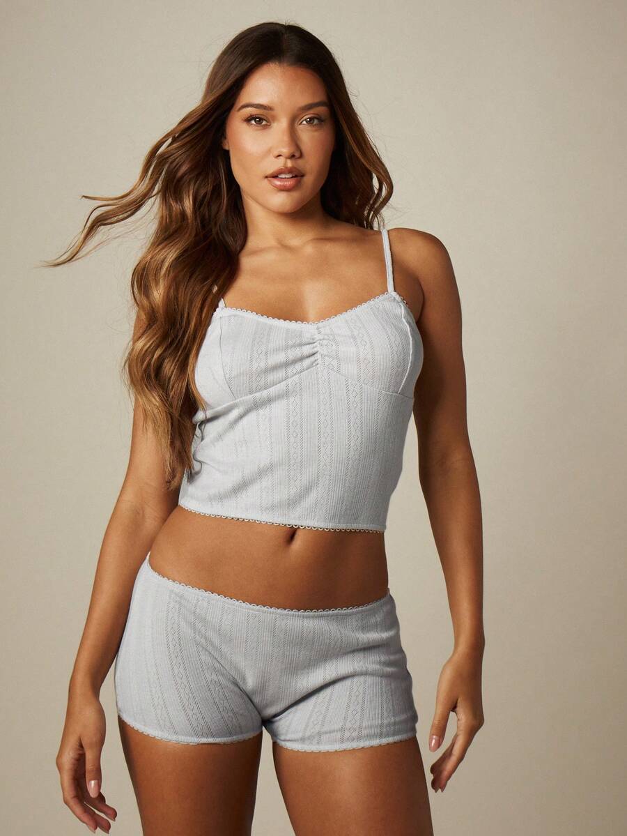 MISSGUIDED Pointelle Knit Crop Cami And Shorts Lounge Set With Scallop Trim Detail For Cozy Everyday Wear - Grey - View 1