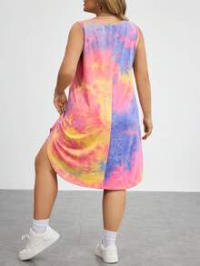SHEIN CURVE+ 大码女式扎染印花无袖休闲连衣裙,女士夏季服装,女士防晒裙 - 彩色 - 查看 3