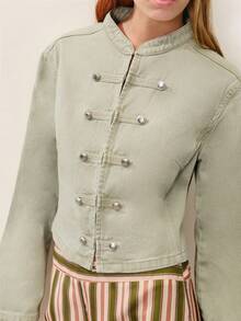 Nöista Light Olive Green Military-Style Short Jacket Is Cropped And Fitted, Featuring A Horizontal Silver Metal Button Closure. - Green - View 3