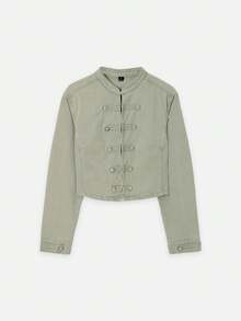 Nöista Light Olive Green Military-Style Short Jacket Is Cropped And Fitted, Featuring A Horizontal Silver Metal Button Closure. - Green - View 7