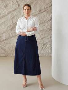 MOTF PREMIUM CHÂN VÁY DENIM MÀU XANH DƯƠNG THANH LỊCH DÀNH CHO NGƯỜI CÓ VÓC DÁNG LỚN - Màu xanh lam - Xem 7