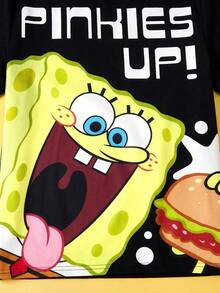 SpongeBob SquarePants | SHEIN 2件套青少年男童卡通图案印花宽松圆领短袖短裤睡衣套装， - 黑色 - 查看 5