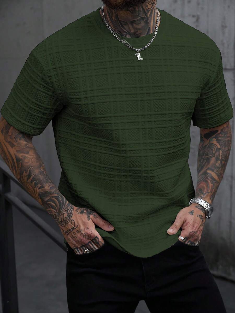Manfinity Homme 男士素色圓領休閒百搭日常穿著短袖T恤,度假款 - 軍綠色 - 查看 1