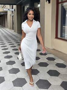 Alexandranx Vestido de mujer de tela de punto ondulado blanco, de manga corta, cuello en V, modelo básico, elegante y casual, de silueta esbelta y falda larga - Blanco - Ver 5