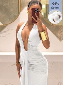 Slaydiva 2025新款优雅深V领美人鱼连衣裙，适合派对、生日、酒吧、夜店、情人节、万圣节、圣诞节等场合 - 棕色 - 白色 - 查看 7