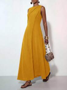 Zivah 新款夏季休闲度假波西米亚风棕色亚麻宽松拼接褶皱A字长裙，适合日常穿着、旅行、度假、假日、海滩、游牧风、西部风情、派对、节日、音乐节、机场穿搭、早午餐穿搭、通勤、居家休闲等场合。 - 芥末黃 - 查看 3