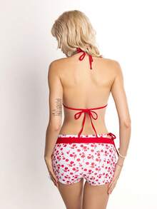 ROMWE Avant Women's 3D Bow Decor Floral Print Halter Bikini Top And Shorts Swimwear Set - Red and White - View 2