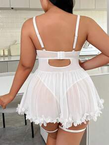 SHEIN 2pcs/Set Plus Size Mesh Embroidered Sexy Bodysuit Lingerie - White - View 2
