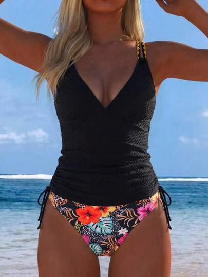 Swim Lushoire Women's Solid Color Patchwork Printed Crochet Trim Mature Charm Tankini Swimsuit Set