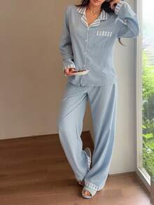 Napfluff Pink Striped Patchwork Lapel Long Sleeve Pajama Set - Sky Blue - View 3