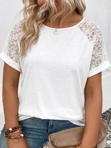 EMERY ROSE Women's Spring/Summer New Arrival Lace Patchwork Round Neck Short Sleeve Casual Versatile Plus Size T-Shirt - White - View 1