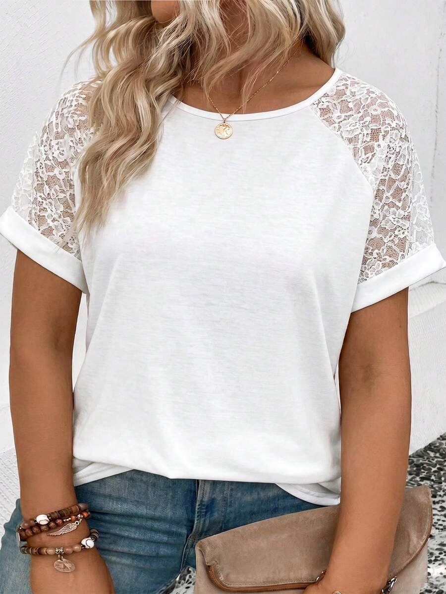 EMERY ROSE Women's Spring/Summer New Arrival Lace Patchwork Round Neck Short Sleeve Casual Versatile Plus Size T-Shirt - White - View 1