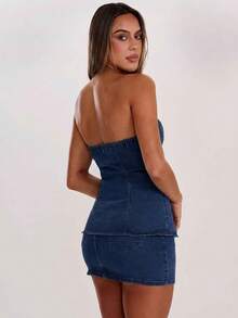 SHEIN BAE Women's Solid Color Minimalist Daily Wear Tube Top And Denim Skirt Set - Dark Wash - View 2