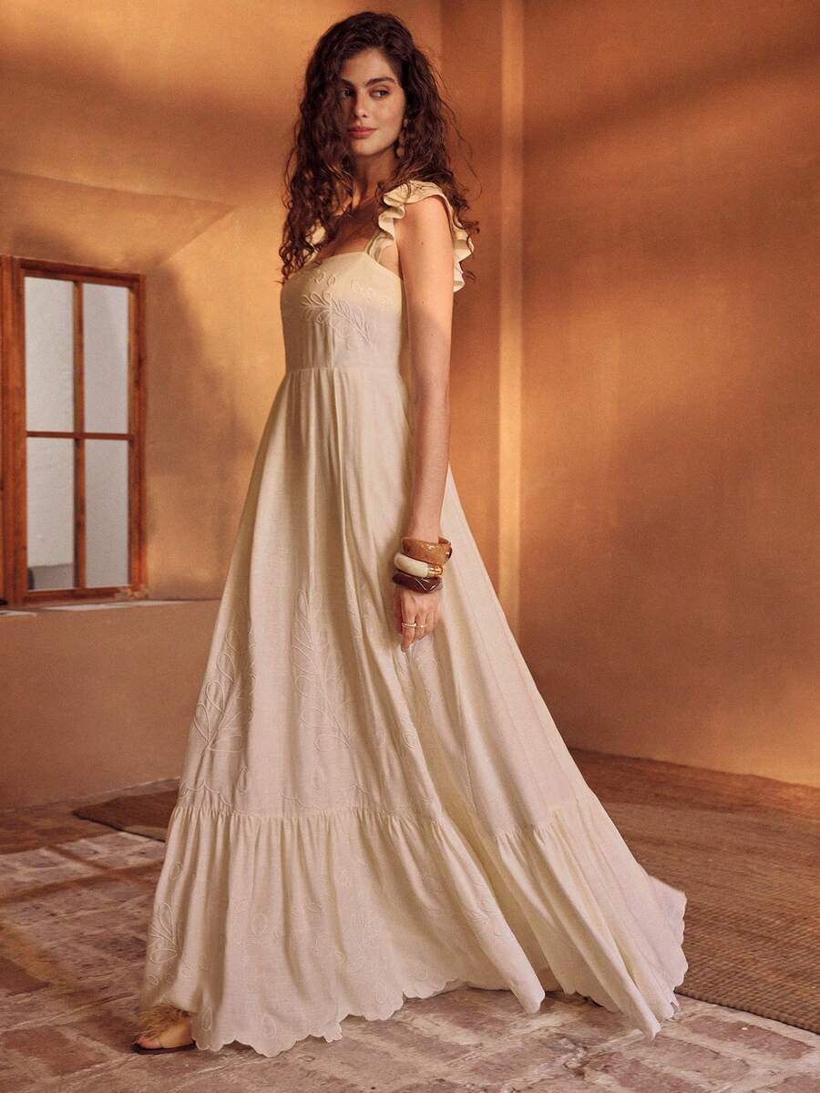 MOTF PREMIUM Damen Rayon Kleid mit Stickerei, geeignet für Frühlings-/Sommerurlaub - Beige - Übersicht 1