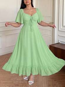 Vibekara Plus Size Casual V-Neck Ruffle Sleeve A-Line Dress, Elegant And Comfortable For Outings - Green - View 3