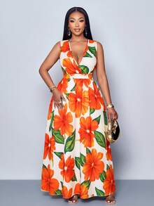 SOLERSUN Women's Plus Size Simple Everyday All Over Print Deep-V Neck Sleeveless Long Dress (Random Printing) - Coral Orange - View 4