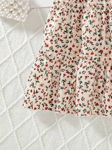 Elladie kids Young Girl's Floral Print Sweet Flutter Sleeve Ruffle Hem Dress, Countryside Girl Style For Daily Wear, School, Picnic - Khaki - View 7