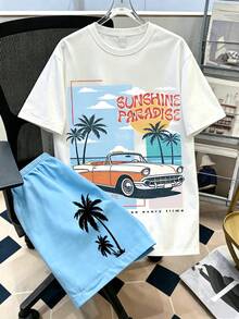 Jungen Sommer lässig 2 Stücke Set: Kurzarm T-Shirt mit Kokosnussbaum Muster Shorts, Vintage Auto Muster, bequem & vielseitig für tägliche Ausflüge - Blau - Übersicht 4