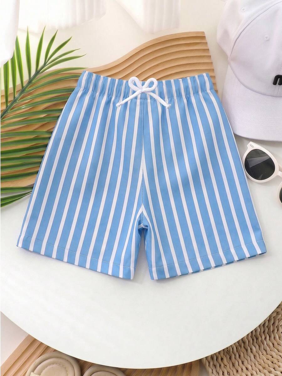 SHEIN Vintaside Kids 男童抽绳腰条纹休闲百搭日常短裤 - 藍色 - 查看 1