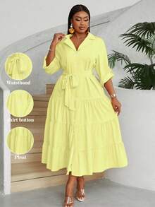 Maweii Plus Size Women's Elegant V-Neck Buttoned Front Long Sleeve Belted Dress With Layered Ruffle Hem Maxi Women Outfit - Light Yellow - View 1