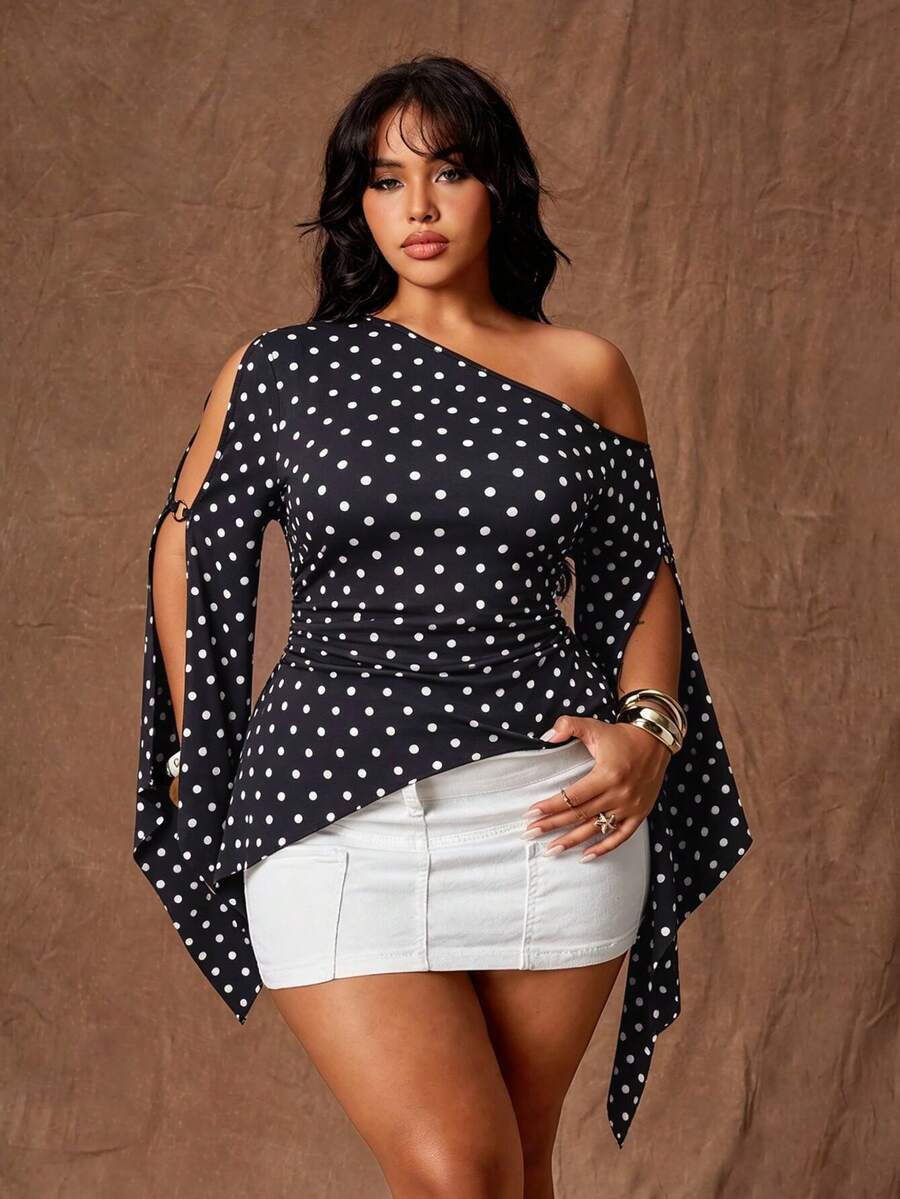 Rustia Plus Size Women's Fashionable Polka Dot Print Asymmetrical Neck Open Sleeve Ruched Fitted Top, Spring/Summer Fall - Black - View 1