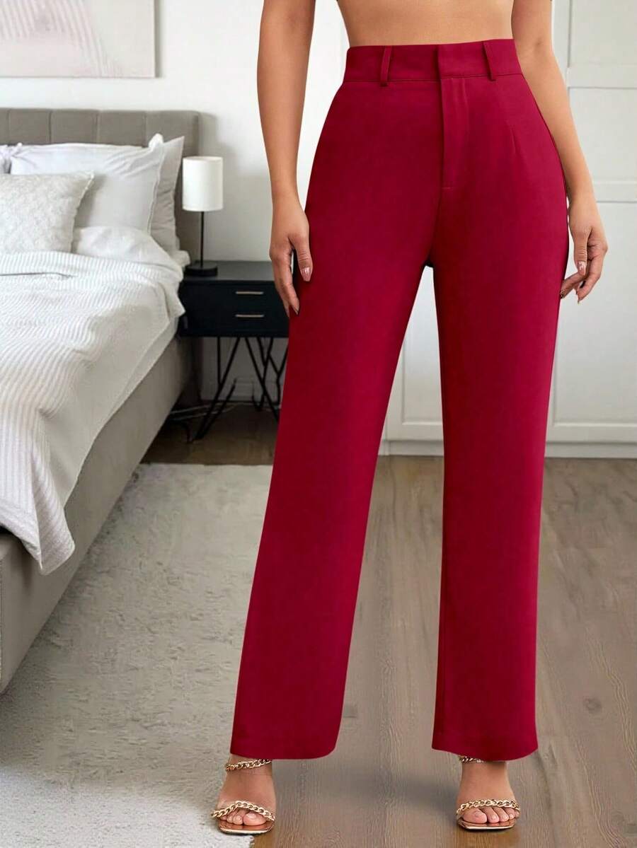 Easowa Solid Color Button-Up Casual Straight Leg Pants In Fall/Winter - Red - View 1