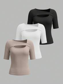 Selamara 3pcs Women Solid Color Hollow Out Fitted Casual Short Sleeve Top Set - Multicolor - View 4