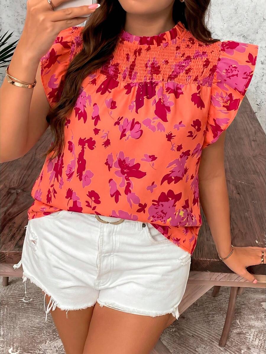SHEIN LUNE 大码女式夏季海滩度假印花拼接荷叶边袖口宽松上衣 - 橘色 - 查看 1