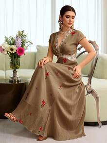 Al Najma Embroidered V-Neck Cinched Waist Short Sleeve Flared Elegant Dress For Women - Brown - View 8