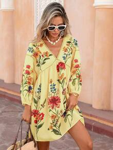Flora Isola Flora Isola 女士优雅时尚通勤休闲舒适迷人复古简约高端浪漫假日宽松V领中长款印花连衣裙，配泡泡袖和金色织带 - 黃色 - 查看 4