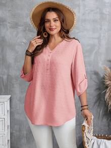EMERY ROSE Camisa casual con botones y media cartera para mujer de talla grande - Rosa - Ver 6