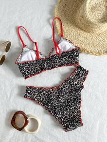 Swim Mod 女款夏季海灘豹紋印花蝴蝶結裝飾細肩帶性感比基尼與三角泳褲泳衣套裝 - 彩色 - 查看 5