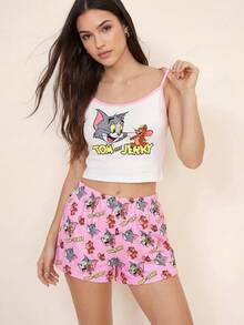 TOM & JERRY X SHEIN Women's Summer Funny Cartoon Letter Print Trim Camisole And Shorts Pajama Set - Multicolor - View 5