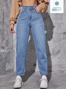 SHEIN EZwear 女士休闲日常通勤极简高腰水洗修身牛仔裤 - 淺色水洗藍 - 查看 3