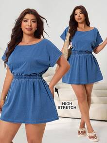 SHEIN CURVE+ 大码女式单肩牛仔连衣裙，休闲日常及夏季街头风连衣裙，女式牛仔连衣裙，休闲日常及度假装 - 中等水洗藍 - 查看 7