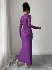 Modelyn Square Neck Lace Patchwork Button Waist Fitted Midi Dress For Women - Purple - View 2
