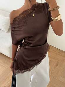 Aloruh Women's Commuter Shoulder Ruched Lace Patchwork Blouse,Summer Top - Brown - View 3