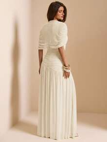 SHEIN BAE Đầm ôm dáng xòe nhún cổ tròn tay ngắn màu vàng trơn thanh lịch cho Xuân/Hè, đầm vàng, đầm thanh lịch, đầm dự tiệc cưới - Màu be - Xem 2