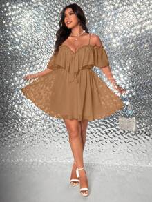 Viva Relle Plus Size Elegant Solid Color Off-Shoulder Spaghetti Strap Dress, Summer - Khaki - View 4